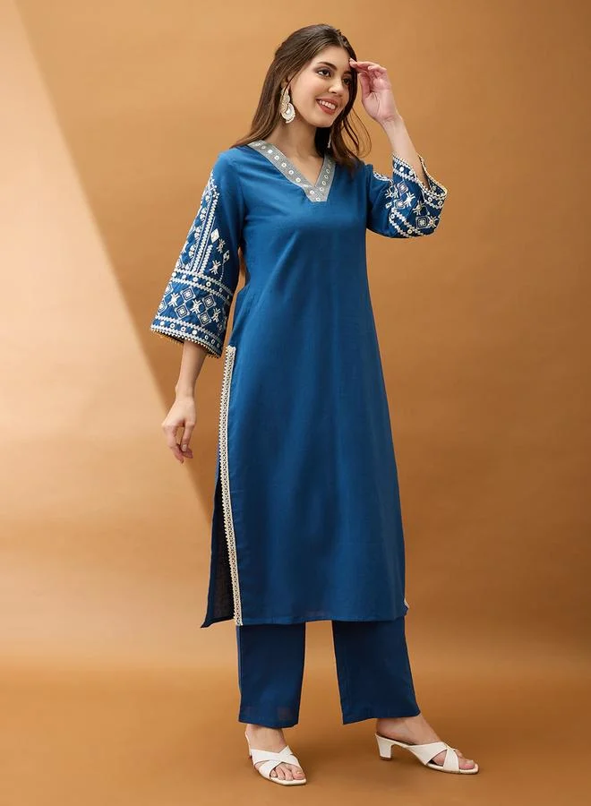 globus Women Blue Bell Sleeves Embroidered Kurta with Pant Set
